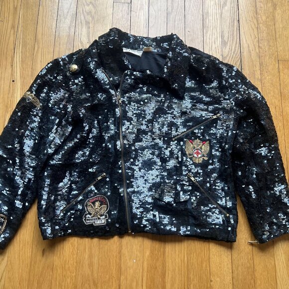 French Collizioni Size S Black Vintage Sequin Embroidered Patches Moto Jacket - Picture 2 of 16